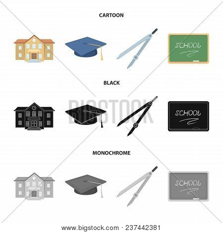 School Building, College With Windows, A Master Or Applicant Hat, Compasses For A Circle, A Board Wi