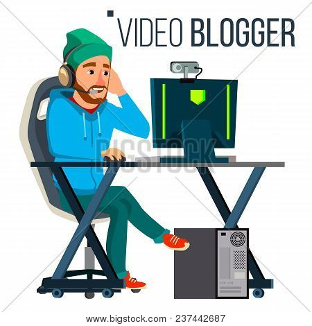 Man Blogger Vector. Video Concept. Professional Gamer. Personal Weblog Channel. Blogosphere Online. 