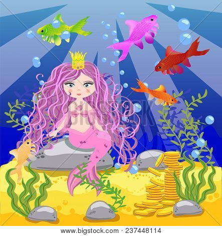 Vector Background With An Underwater World In A Children's Style. A Mermaid Is Sitting On A Rock. Wo