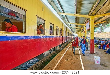 Kyaiktiyo, Myanmar - February 16, 2018: The Crowded Platform On Kyaiktiyo Railway Station After Arri