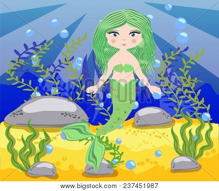 Vector Background With An Underwater World In A Children's Style. A Mermaid Is Sitting On A Rock. Wo