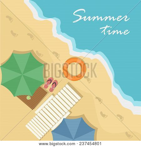 Top View Of Beach With Umbrella, Stretcher, Sandals, Table And Caipirinha
