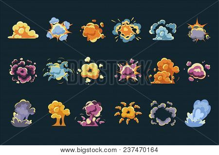 Collection Of Comic Explosions Or Bursts. Cartoon Boom Effect. Clouds Of Blasts. Colorful Items For 