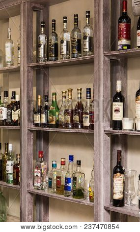 Ufa, Russia January 14, 2018: Bottles With Alcohol On The Shelves In The Bar