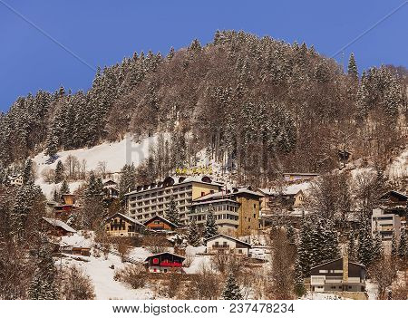 Engelberg, Switzerland - 9 March, 2016: Buildings Of The Town Of Engelberg. Engelberg Is A Resort To