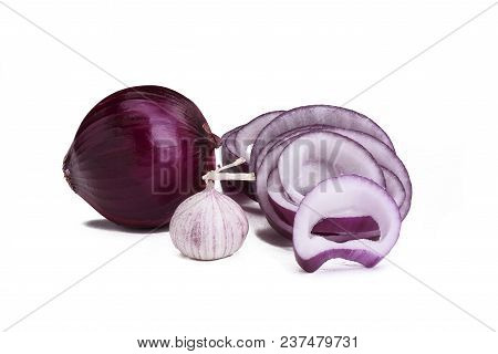 Red Onion, Red Onion Rings And Garlic Bulb Isolsted On White Background