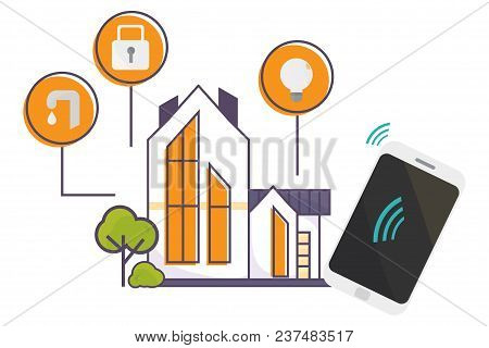 Vector Illustration For Smart Home Technology Promo. House With A Wirelees Smart Technology Icons An