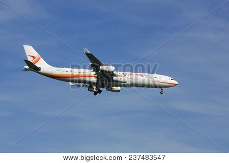 Amsterdam The Netherlands - April, 19th 2018: Pz-tcr Surinam Airways Airbus A340-300 On Final Approa