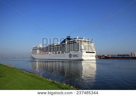Velsen, The Netherlands - April, 20 2018: Msc Magnifica In North Sea Cana, Operated By Msc Cruises.