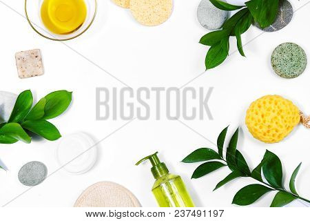 Spa Background With Bath Accessories, Face And Body Care. Set For Personal Care. Clean Skin With Bru