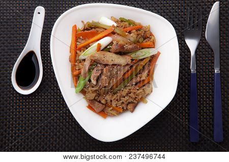 Delicious Chinese Chicken With Fried Rice And Carrots, Onion, Ginger, Fresh Chives
