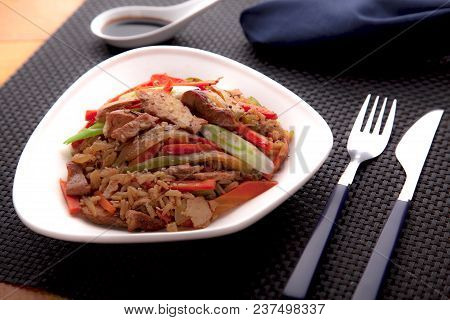Delicious Chinese Chicken With Fried Rice And Carrots, Onion, Ginger, Fresh Chives