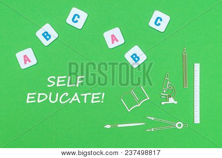 Concept School, Text Self Educate, School Supplies Wooden Minitures, Abc Letters On Green Backboard
