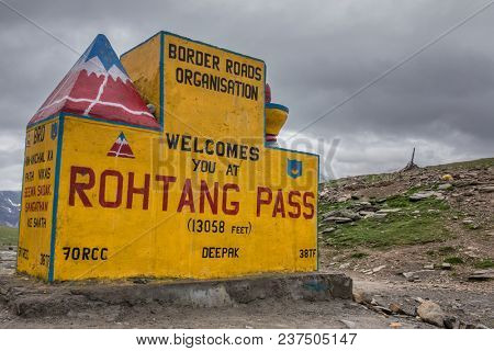 Sign at Rohtang Pass on the Manali to Leh road across the Himalayas in Himachal Pradesh, India