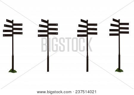 Signpost Guide Direction Sign On A Pole In Many Style. Brown Metal Sign Post Isolated