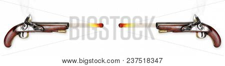 Two Antique Flintlock Pistols Firing Hot Musketballs.