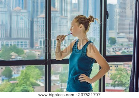 Young Woman Brushing His Teeth In My Bedroom.