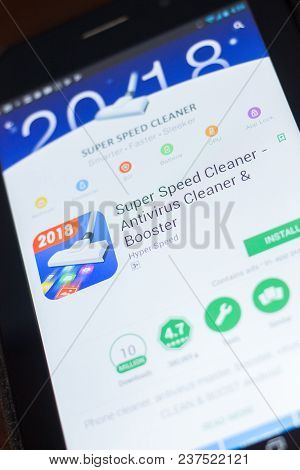 Ryazan, Russia - April 19, 2018 - Super Speed Cleaner Mobile App On The Display Of Tablet Pc