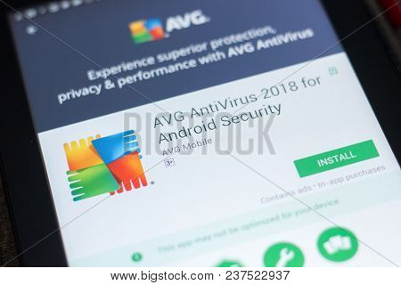 Ryazan, Russia - April 19, 2018 - Avg Antivirus 2018 Mobile App On The Display Of Tablet Pc