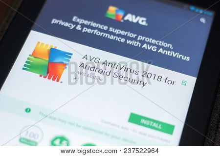 Ryazan, Russia - April 19, 2018 - Avg Antivirus 2018 Mobile App On The Display Of Tablet Pc