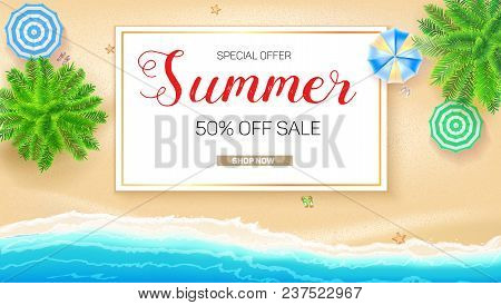 Poster Of Summer Sale Action. Get Up To Fifty Percent Discount. Tropical Landscape With Blue Ocean A