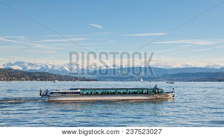 Zurich, Switzerland - 13 October, 2013: Regula Boat With Passengers On Board On Lake Zurich, Summits