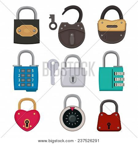 Different Types Of Antique Padlocks Isolate On White. Safeguard Concept Illustrations. Vector Padloc