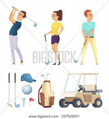 Sport Characters And Various Tools For Golf Players. Vector Cartoon Mascots. Illustration Of Sport P