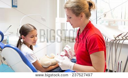 Pediatric Dentist Showing Teeth Model To Her Patient