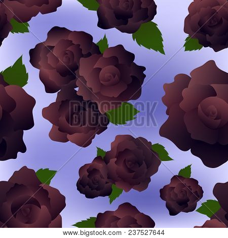 Seamless Floral Pattern With Black Roses On Light Lilac Background. Single And Groups Of Blooms And 