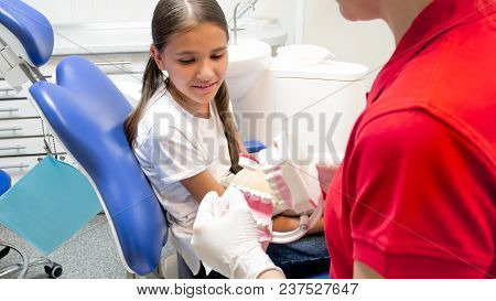Closeup Of Dentist Educating Her Patient About Tooth Hygiene