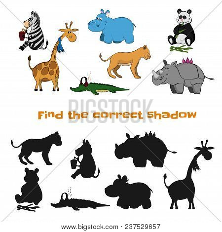 Find The Correct Shadow. Kids Game. Zoo Animals In Cartoon Style. Puzzle With Black Silhouette. Vect