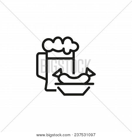 Line Icon Of Plate With German Sausage And Beer Mug. German Food, Oktoberfest, Snack. Meal Concept. 