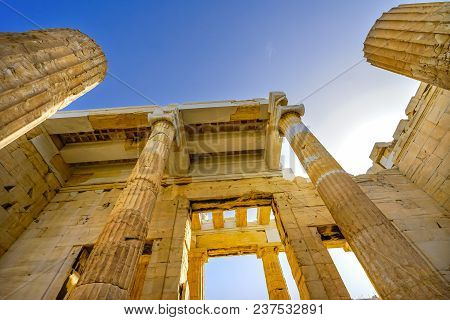 Propylaea Ancient Entrance Gateway Ruins Acropolis Athens Greece Construction Ended In 432 Bc