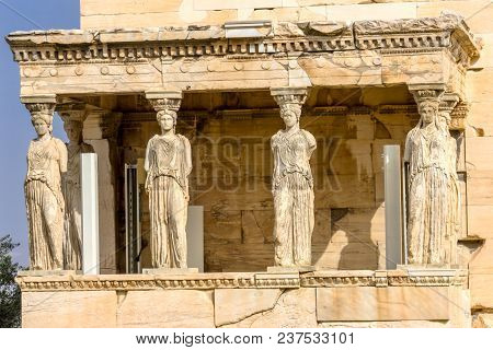 Porch Caryatids Ruins Temple Of Erechtheion Acropolis Athens Greece.  Greek Maidens Columns Temple O
