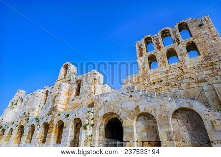 Odeon Of Herodes Attiacus Acropolis Athens Greece. Stone Theater Base Of Acropolis.  Built 161 Ad.  