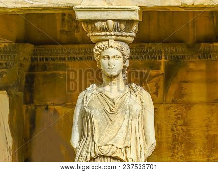 Porch Caryatids Ruins Temple Of Erechtheion Acropolis Athens Greece.  Greek Maidens Columns Temple O