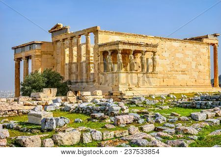 Porch Caryatids Ruins Temple Of Erechtheion Acropolis Athens Greece.  Greek Maidens Columns Temple O