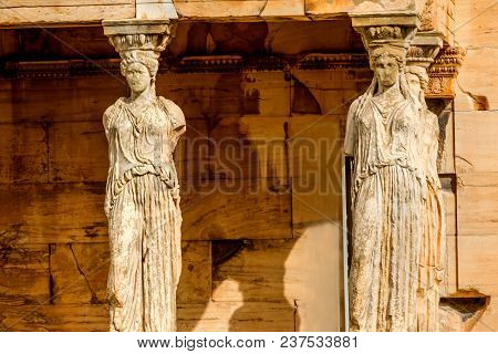 Porch Caryatids Ruins Temple Of Erechtheion Acropolis Athens Greece.  Greek Maidens Columns Temple O
