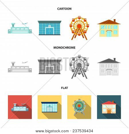 Airport, Bank, Residential Building, Ferris Wheel.building Set Collection Icons In Cartoon, Flat, Mo