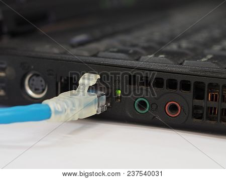 Close Up Of Lan Connected To Old Laptop