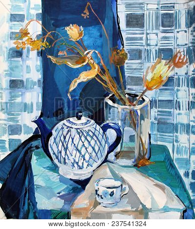 Still Life Gouache Color Painting The Kettle Dinnerware Blue, Dried Flowers