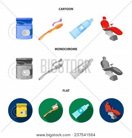Dental Floss, Toothbrush, Toothpaste, Dental Chair. Dental Care Set Collection Icons In Cartoon, Fla
