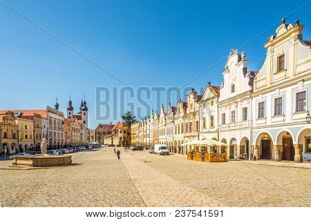 Telc, Czech Republic - April 18,2018 - View At The Main Square With Painted Houses In Telc. The Town