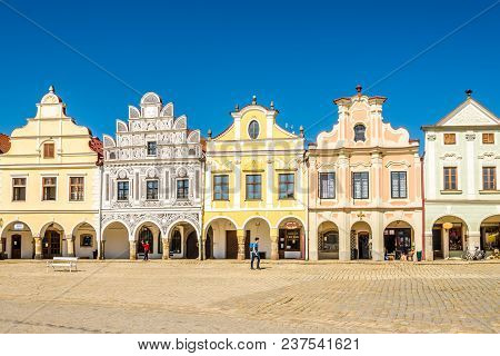 Telc, Czech Republic - April 18,2018 - View At The Painted Houses At Main Place In Telc. The Town Wa