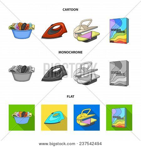 A Bowl With Laundry, Iron, Ironing Press, Washing Powder. Dry Cleaning Set Collection Icons In Carto