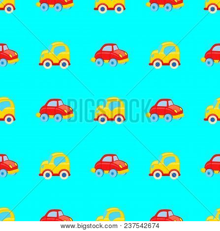 Yellow Toy Car With White Wheels, Blue Windows And Red Retro Car Seamless Pattern Ivector Illustrati