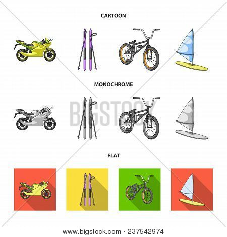 Motorcycle, Mountain Skiing, Biking, Surfing With A Sail.extreme Sport Set Collection Icons In Carto