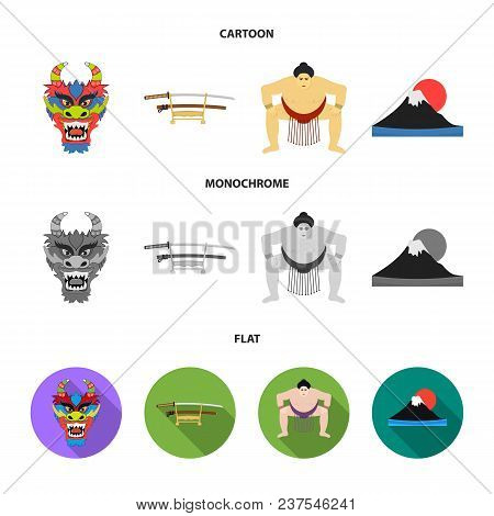 Dragon Mask, Katano, A Man Is A Sumo Player, A Fujiama Mountain.japan Set Collection Icons In Cartoo
