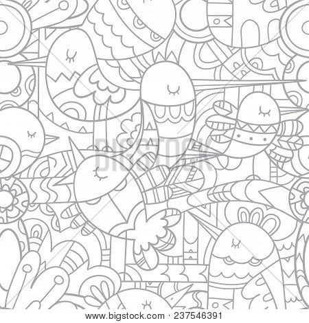 Seamless Abstract Pattern With Cute Cartoon Birds On White  Background. Vector Contour Image. Linear